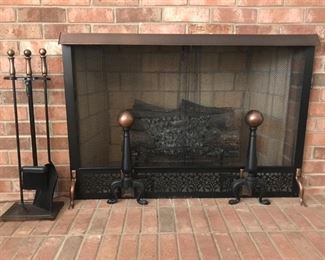 Vintage Fireplace Screen, Andirons & Fireplace Tools.  Black with Copper Accents.  (Electric logs not included.)