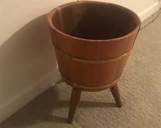 Vintage Rustic Firkin Wooden Slat Bucket with Brass Bands & Tripod Legs.  (Uses: Sewing, Plant Holder, Magazine Rack, Storage)