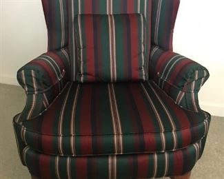 Classic Wing Chair in Green, Navy, Burgundy & Cream Fabric.