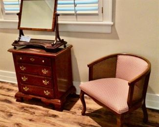 Club Chair with Cane Side Panels, 4-Drawer Chest, and a Vintage Toilet Mirror from England
