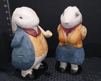 Handcarved Wooden Bunny Couple