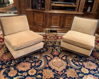 2. Pair of Taupe Corduroy Slipper Chairs w/ Carved Wood Frame (26" x 26" x 31")