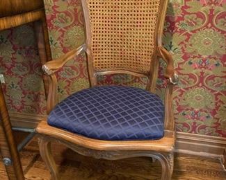 3. Pair of Carved Side Chairs w/ Cane Back and Navy Upholstery (23" x 18" x 43")