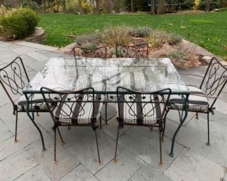 192. Glass Top Table on metal base w/ 6 chairs (2 arm, 4 side)