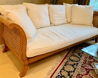 91. Ralph Lauren Sofa/Day Bed w/ Cane Back & White Linen Upholstery (96" x 39" x 38")