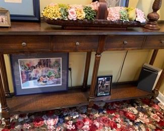 72. 4 Drawer Console Table w/ Embossed Leather and Brass Gallery (58.5" x 9.5" x 33")