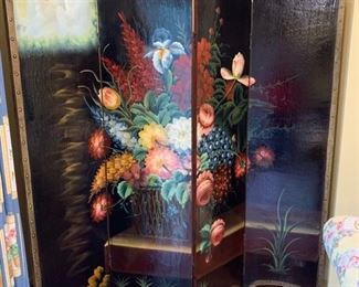 50. Hand Painted 4 Panel Screen w/ Brass Nailhead Frame (72"h x 17" panels)