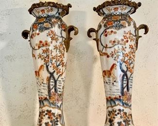 39. Pair of Ceramic Candlesticks w/ Brass Accents (14")