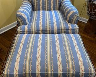 54. Pearson Blue Stripe Chair (30" x 40" x 34") and Ottoman (30" x 20" x 18") on Casters