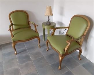 Pair of matching Hickory Furniture Green Leather Queen Anne legs armchairs  $75 each