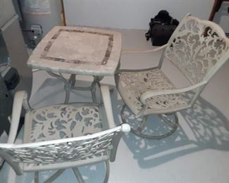 Aluminum swiveling patio chairs with stone top patio table $65