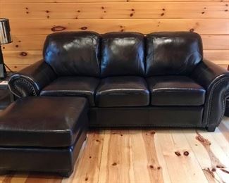 Leather sofa and ottoman - dark coffee brown