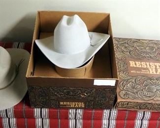 Resistol Self-Comforming Cattleman 65 4X Cowboy Hat, Size 7.5, In Box, And A Bronco Felt Cowboy Hat, Size 7 3/8