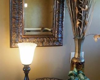 Home Decor Including 19" Lamp , Artificial Floral Arrangements, Mirror, 20" x 24", And More