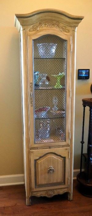 Tuscan Style Display Cabinet With Mesh Screen Panels, 3 Glass Shelves And Lower Storage, 74" X 20" X 16