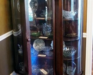 Antique Curved Glass Curio Cabinet On Casters, With Key, 4 Wood Shelves, 61" X 42" X 14