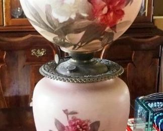 Converted Antique Victorian Hurricane Oil With Floral Peony Motif, 28.5" Tall