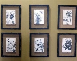 Set Of Matching Framed With Burlap Floral Wall Decor, Qty 6, Each 11" X 14"