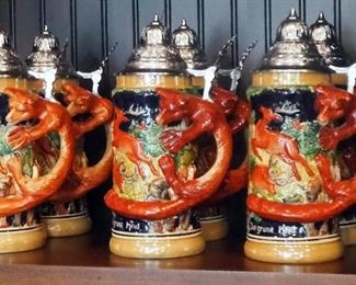Vintage 9" German Hand Painted Ceramic Beer Steins With Lids, Qty 6, Fox Handle Woodland Hunting Scene
