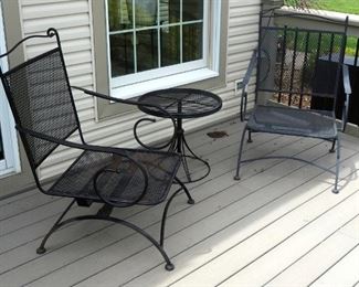Wrought Iron Spring Loaded Rocking Chairs, Qty 2, And Side Table