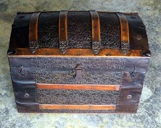 Antique Camelback Storage Trunk, With Leather Handles And Stamped Hardware And Accents, 26" x 30.5" x 17.25"