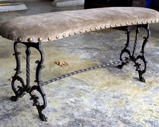 Cast Iron Curved Vanity Bench With Upholstered Seat, 19" x 39" x 12"