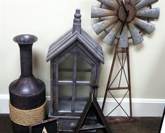 Metal Hanging Windmill Clock, 33" Tall, Decorative Lantern Cabinet, Metal Vase And More, 5 Pieces Total