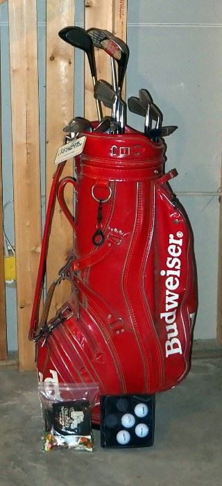 Leather Budweiser Golf Cart Bag, Including Wilson, Staff, Gooseneck, Irons, Qty 9, Assorted Drivers, Qty 3, Putter, And Golf Balls