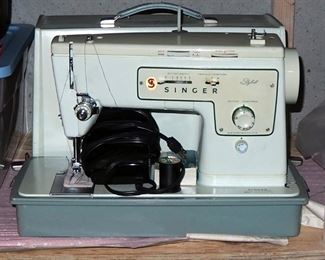 Vintage Portable Singer Sewing Machine, Zigzag Model 413 With Foot Pedal Controls, Sewing Notions, Buttons, Thread, And More