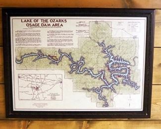 Wood Framed Lake Of The Ozarks And Osage Dam Aerial Map, Published And Copyrighted By Gallup Map Company, 32.5" x 44", & Framed Photo From JB Hooks
