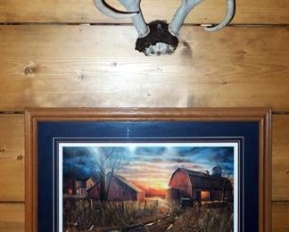 Framed Matted Under Glass, "Days Gone By" Jim Hansel, Signed And Numbered By Artist, 2368/4900, 23" x 31", And 8 Point Deer Antler Wall Mount