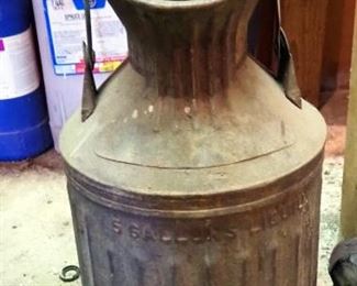 Antique 5 Gallon Metal Can With Pour Spout And Swivel Handle, Oil Can, And Smudge Pot