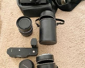 "Chinon" camera with case and lenses