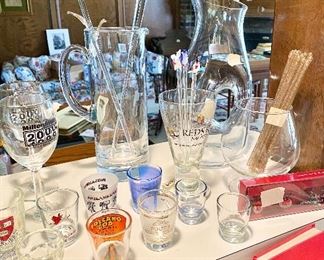 Bar ware, hand blown swizzle sticks, vintage swizzle sticks, decanters, shot glasses