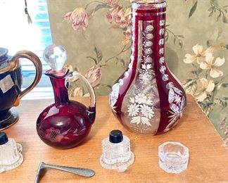 Vintage cranberry glass, crumb scraper, salt dip, vintage salt holders.