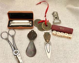 Horner Harmonica w/box, 1950's sewing scissors, old shoe horn, dice game in leather case (Italy), owl clip, pewter figure & chinese coins.