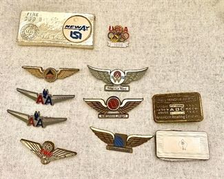 Airline Pins, "1996" Olympic Pin (Atlanta), silver clip, bowling buckle & Neway Group Holdings Limited (Chinese) simulated gold bar.