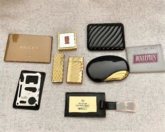 Ladies compacts, 2 vintage lighters, "S T Dupont" gold filled lighter-Paris, travel items.