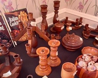 Wooden items, candle holders, bowls, religious