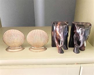 Brass Shell bookends and elegant Elephant bookends