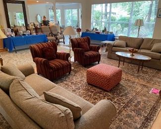 Arm chairs, ottoman & table, RUGS not for sale 