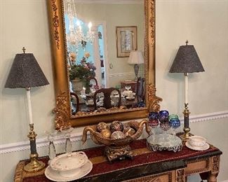 Black marble top console & beautiful antique mirror