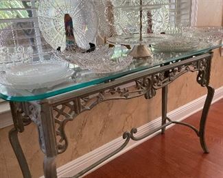 Wrought iron glass top console table & pressed glasss