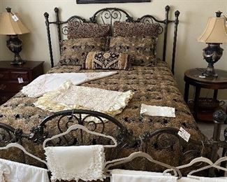 Cast iron queen size bed & linens