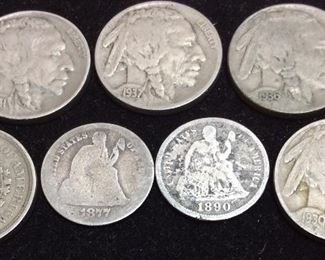 (7) 2 SEATED SILVER DIMES1877-90, 4 BUFFALO NICKELS