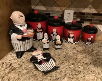 Canister set, cookie jar, salt and pepper shaker, and spoon holder