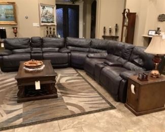 Sectional couch, area rug, Lift up coffee table, side table
