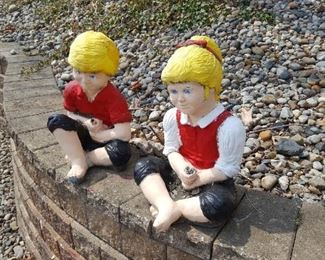Cement Boy & Girl Fishing Garden Figures