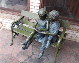 Bronze Statue Sculpture Boy & Girl Reading on a Bench