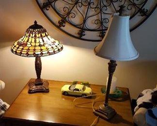 Stained glass table lamp, Ford Thunderbird diecast model car